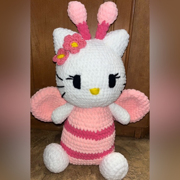 Crocheted Cute Plush Cat Toy with Pink Stripes